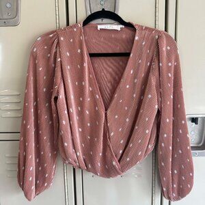 ASTR The Label pleated Polka Dot Cropped Top, Blush/Tan, Sz XS